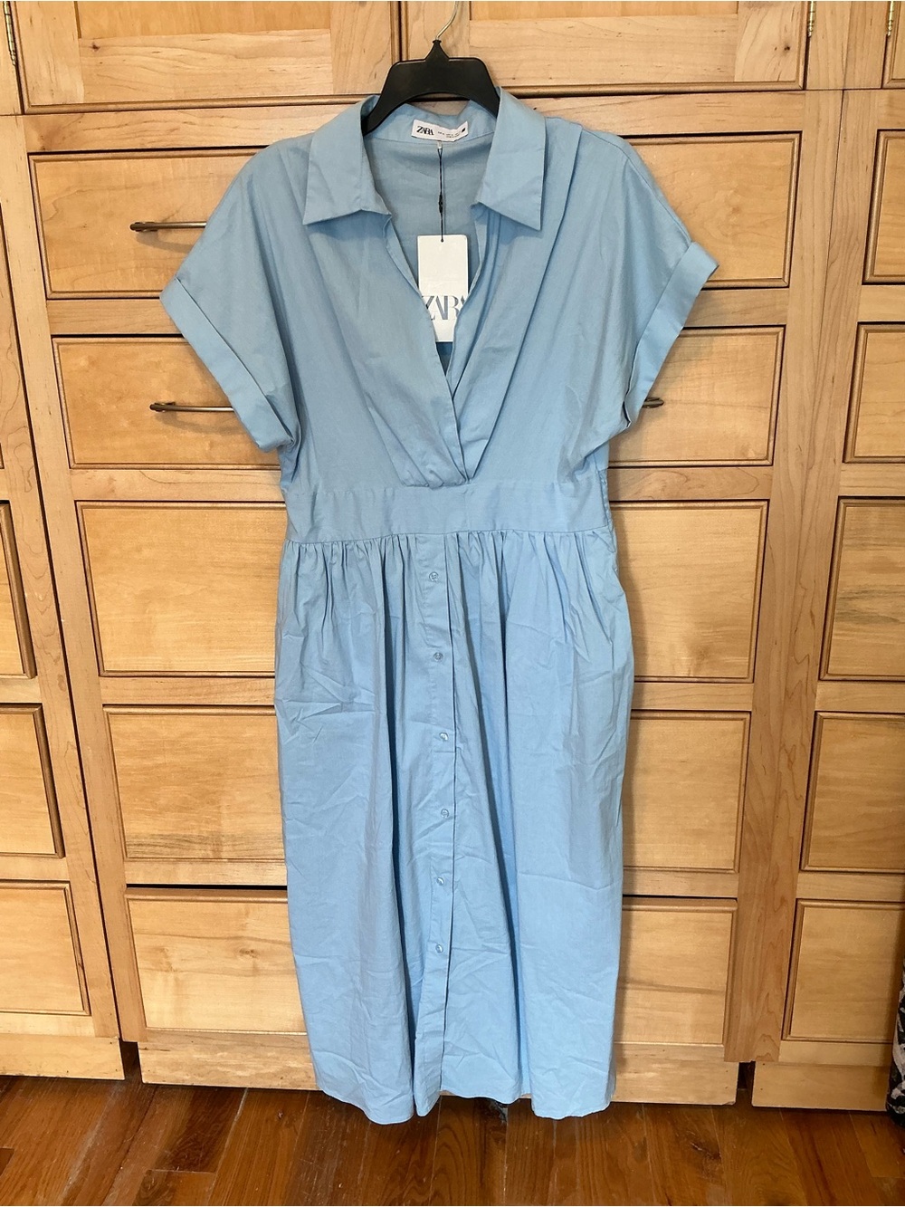 Zara Pale Blue Dress XL 49” long elastic smocked waist NWT New short sleeves - Picture 2 of 6